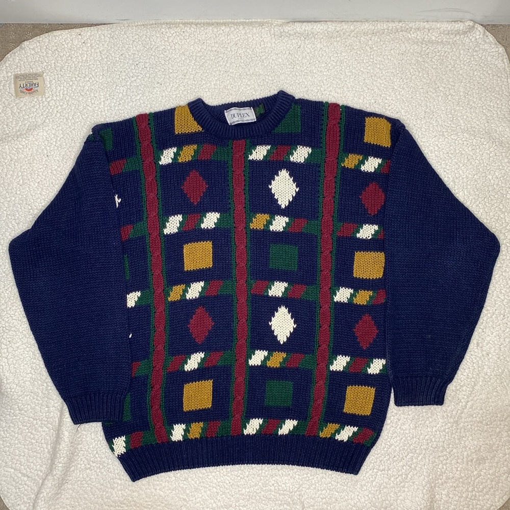 Vintage Duplex Knitted Geometric Sweater: Size Large